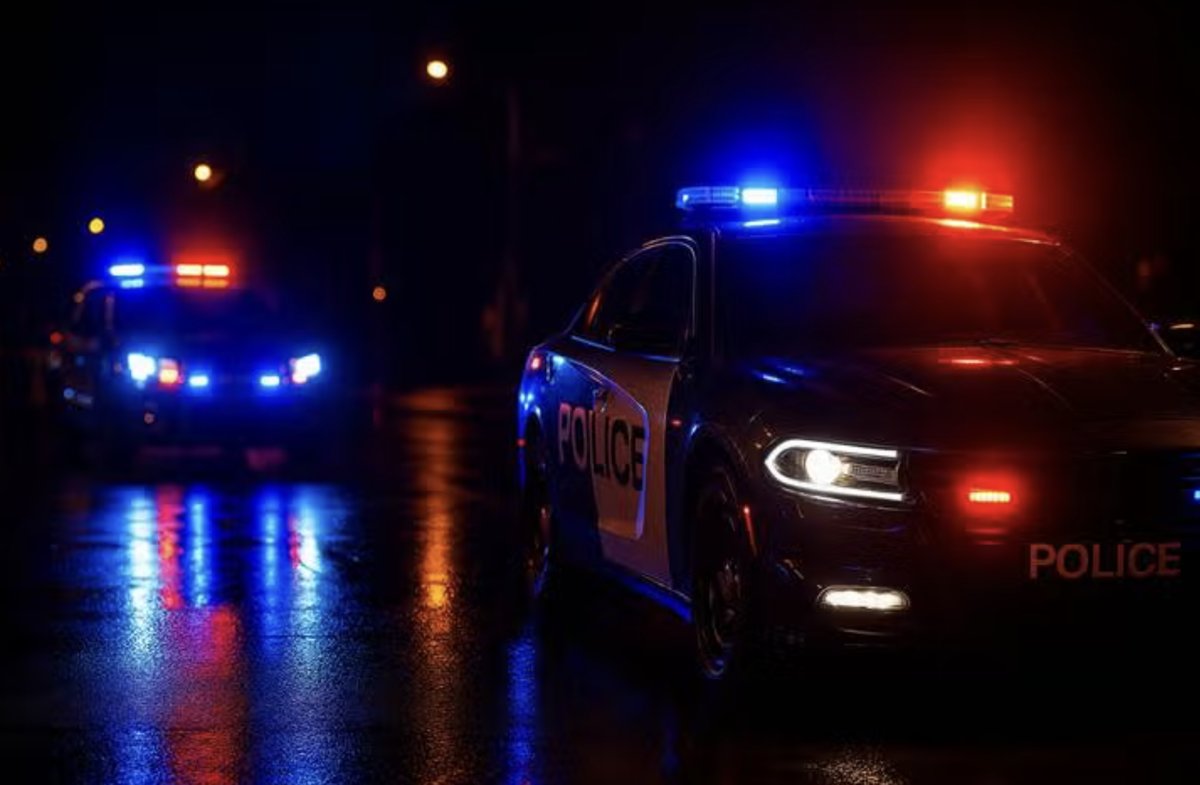 Police cruisers with red and blue light bars at night